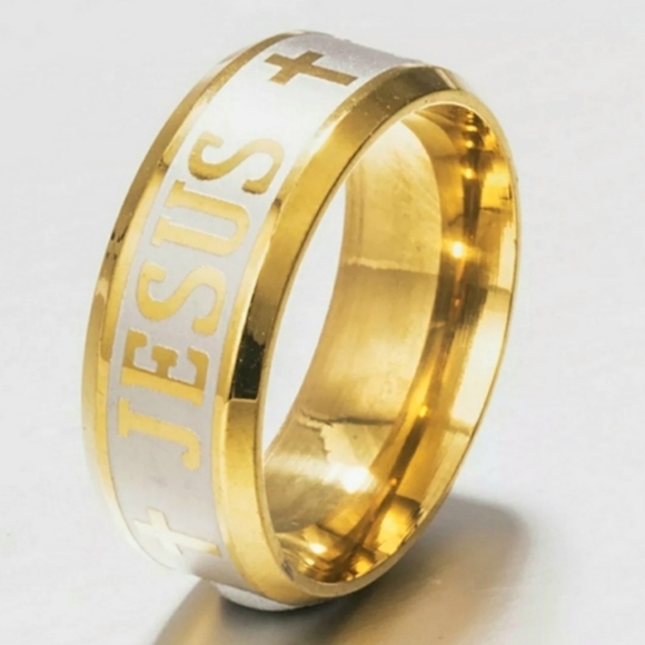 Gold Stainless Steel JESUS Insignia Emblem Embossed Engraved 8mm 8mm Band Ring - Picture 4 of 16